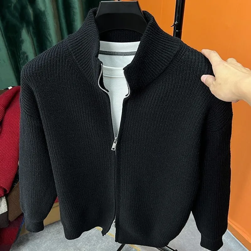 Cardigan solid color zipper sweater men's knitted sweater autumn winter slim jacket men's stand-up collar half-high outer fit