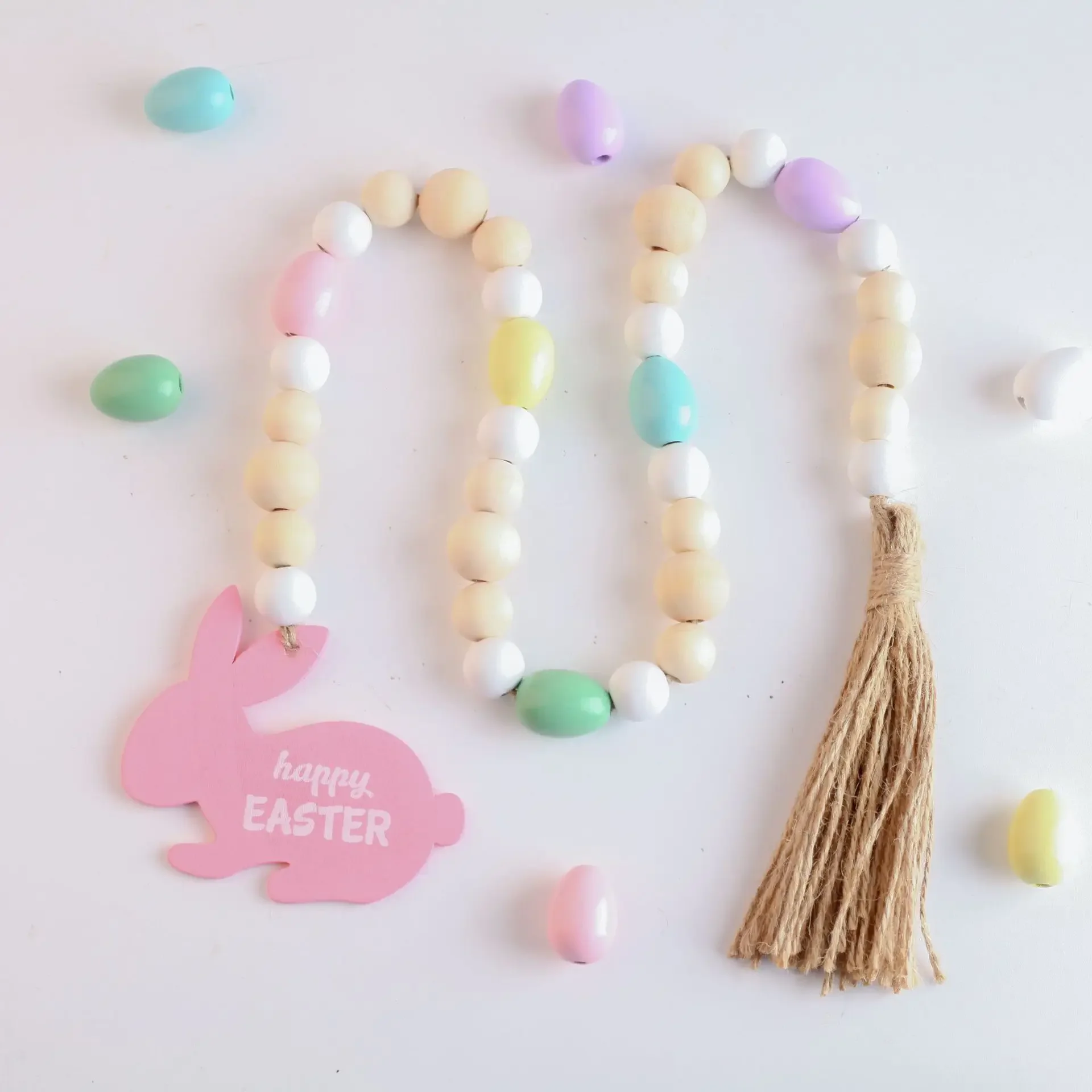 50Pcs/Pack Easter Day Painted Eggs Wooden Beads DIY Kids Toys Bracelet Accessories