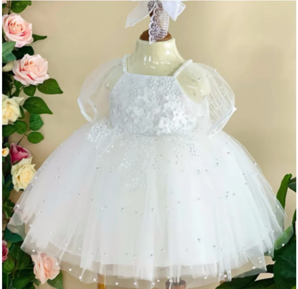 Princess Flower Girl Dress For Wedding Pink With Bow Pearls Puffy Tulle Applique Lace Kids Birthday First Communion Ball Gowns