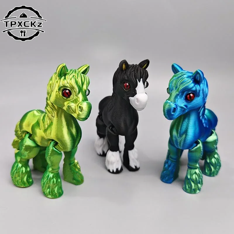 All-in-one Molding 3D Printed Horse Simulated Statue Cute Horse Joint Tail Movable Figurine Office Decor