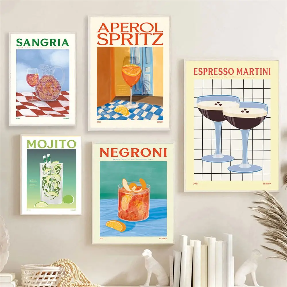 Pósteres de dibujos animados de zumo de fruta, Aperol Spritz, bebida Sangria Negroni, pintura en lienzo impresa, Club, Bar, tienda, cocina, decoración del hogar, regalo