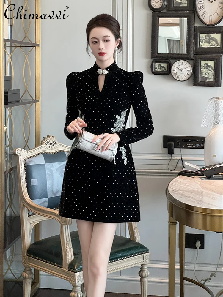 

French Hepburn Style Elegant Velvet Rhinestone Evening Dress High-end Long Sleeve Birthday Party Black Short Bodycon Dress Women