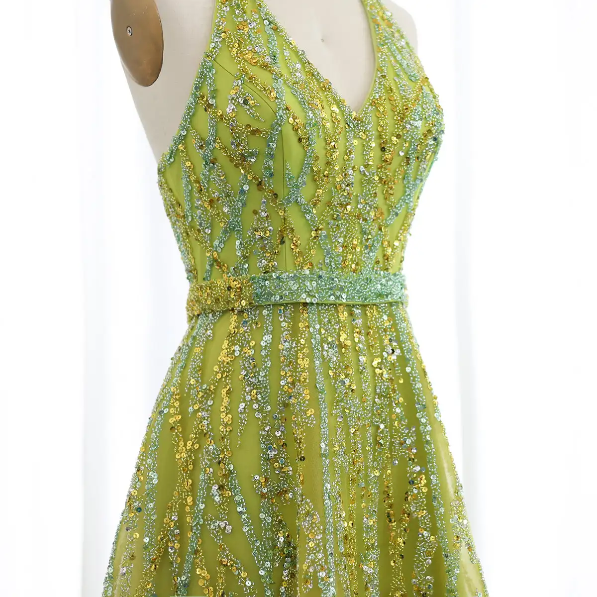 Jancember Beaded Lemon Green Arabic Evening Dresses With Halter High Low Dubai Women Wedding Party Gowns Lsz472