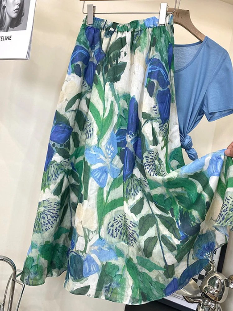 

High Waist A-Line Midi Skirt Women's Summer High End Loose Elastic Waist Slimming f Body Skirt Oil Painting Print