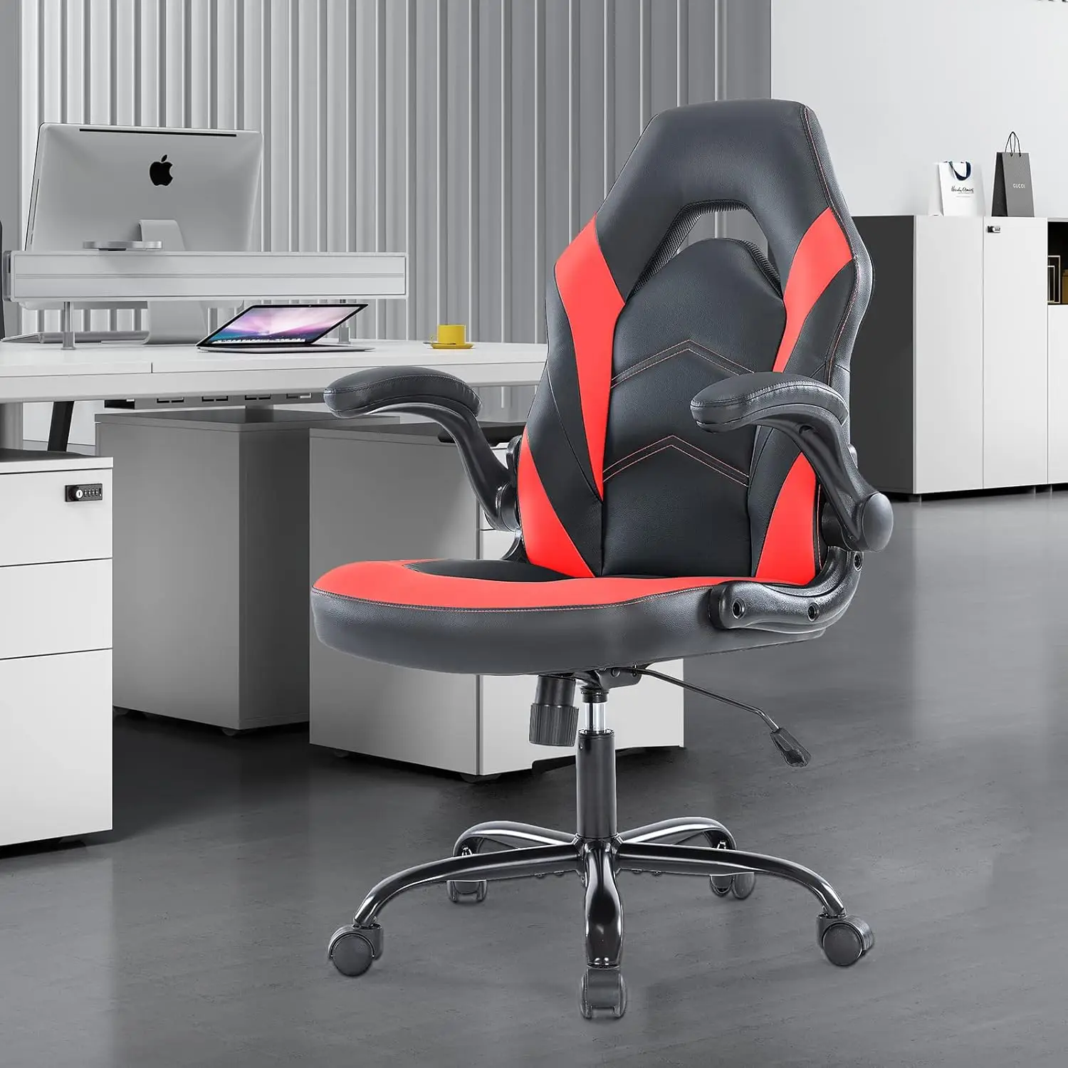 OLIXIS PU Leather Padded Gaming Office Chair, 25.5D x 27.8W x 46H in, Red+Black