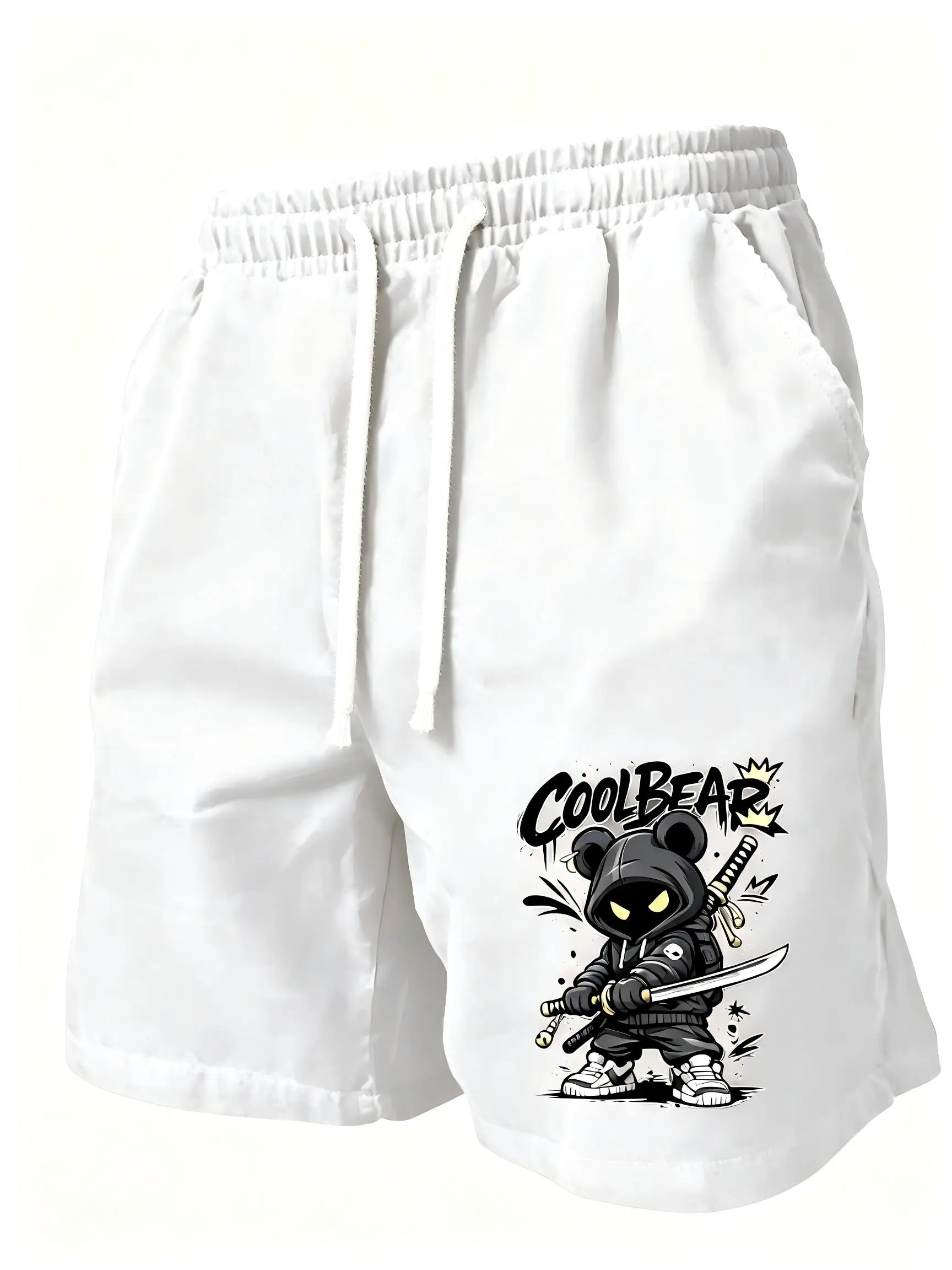 American Men's Summer Skateboarding Teddy Bear Samurai Sword Letter Print Soft Breathable Drawstring Shorts Outdoor Street Pants