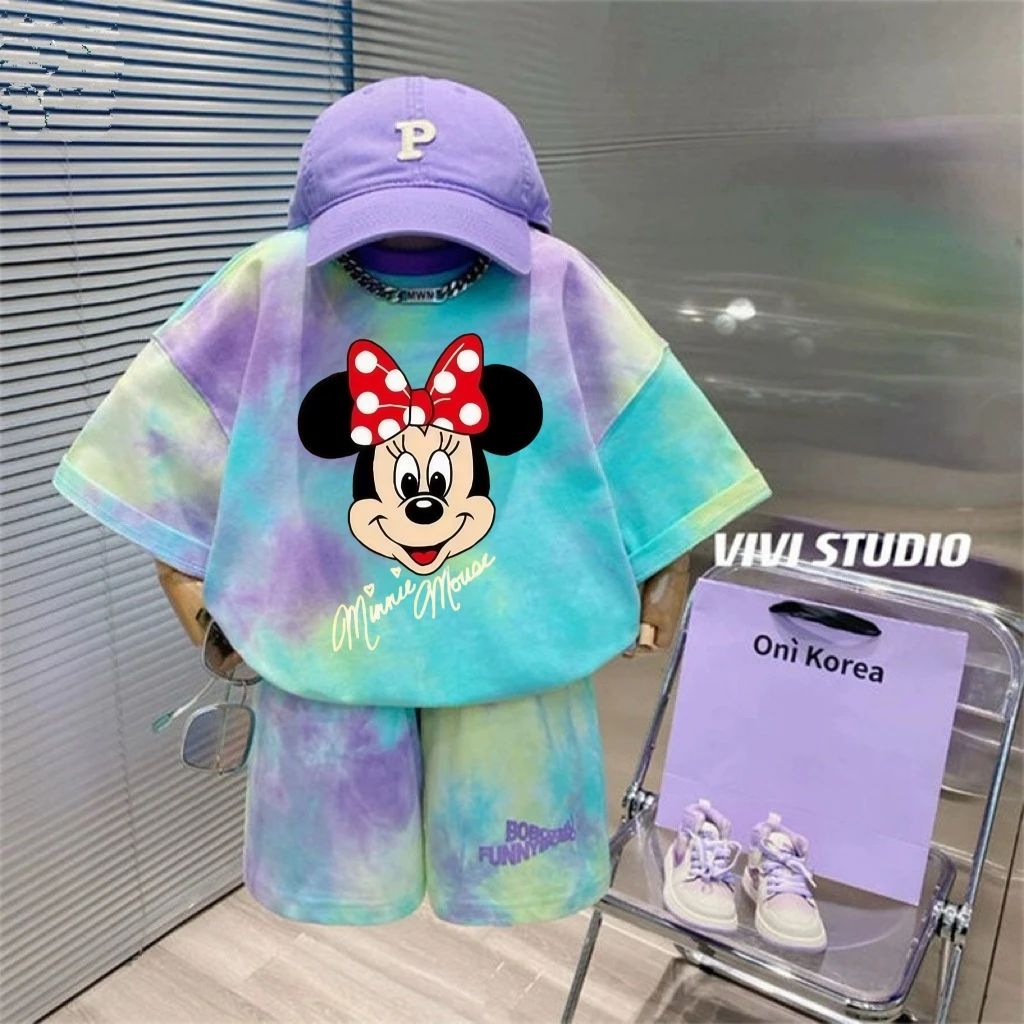 

Disney Summer Girl Clothes Set Kid Girls Minnie Cartoon Print T-shirts and Shorts Suit Children Tie Dye Short Sleeve Outfits