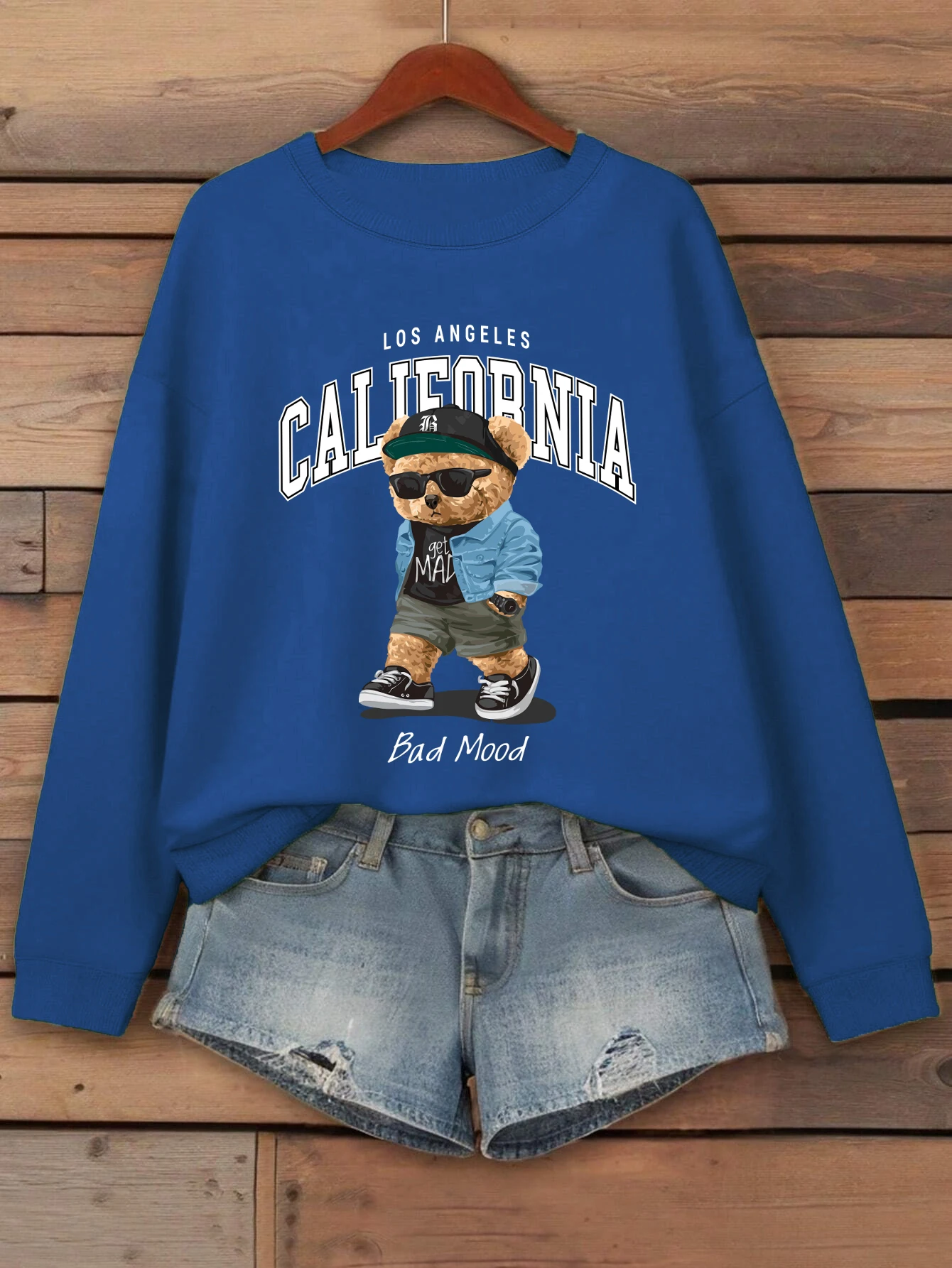 Humor mau desenhos animados urso impressão moletom feminino velo jogging streetwear solto roupas de outono confortável o-pescoço pullovers