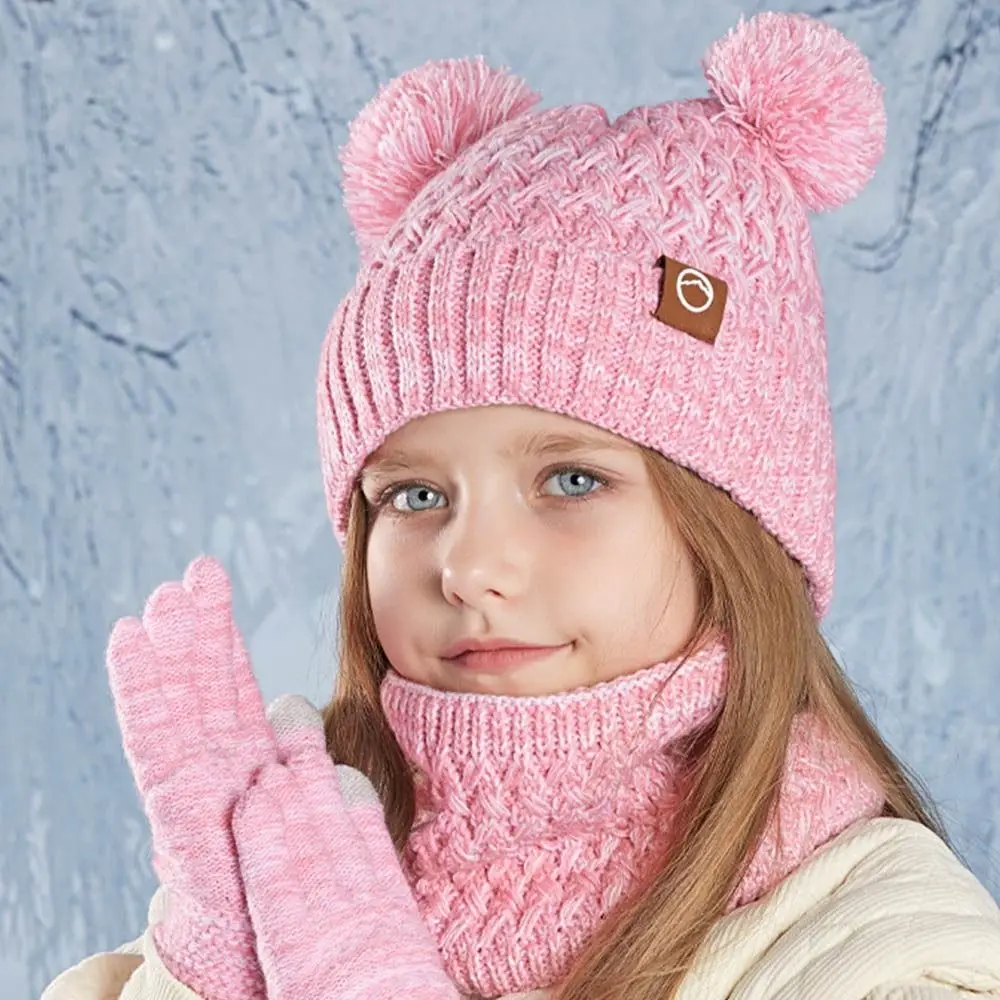 Gift Winter Kids Hat Gloves Scarf Set Warm Thickened Beanie Hat with Pom Knit Children Fleece Lined Set