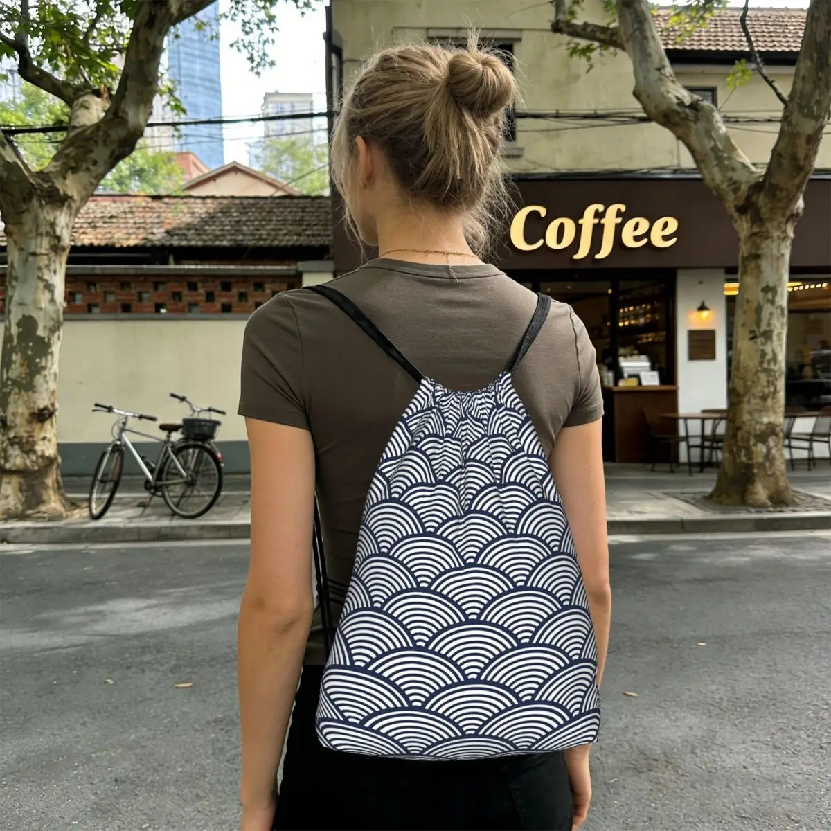 Japanese Blue Waves Navy Backpacks Multi-function Drawstring Bundle Pocket Sports Bag Book Bags for Man Woman Students