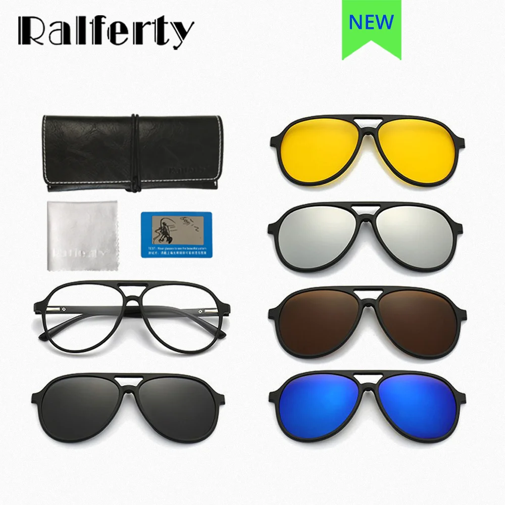 Ralferty 5 In 1 Oval Magnet Sunglasses Women Clip On Glasses Men's Glasses Frames Myopia Optical Frame for Men Polarized UV400