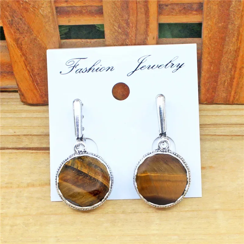 Round Natural Tigers Eye Earrings Antique Silver Plated Vintage Look Earrings Fashion Jewelry TE178