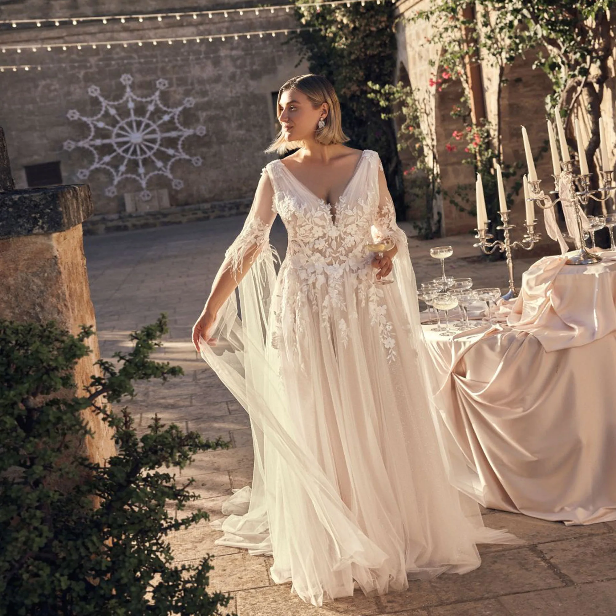 Shiny Plus Size Wedding Dress V-Neck Applique Detachable Sleeve Bride Gowns A-Line Glitter Tulle vestidos de novia bohemio