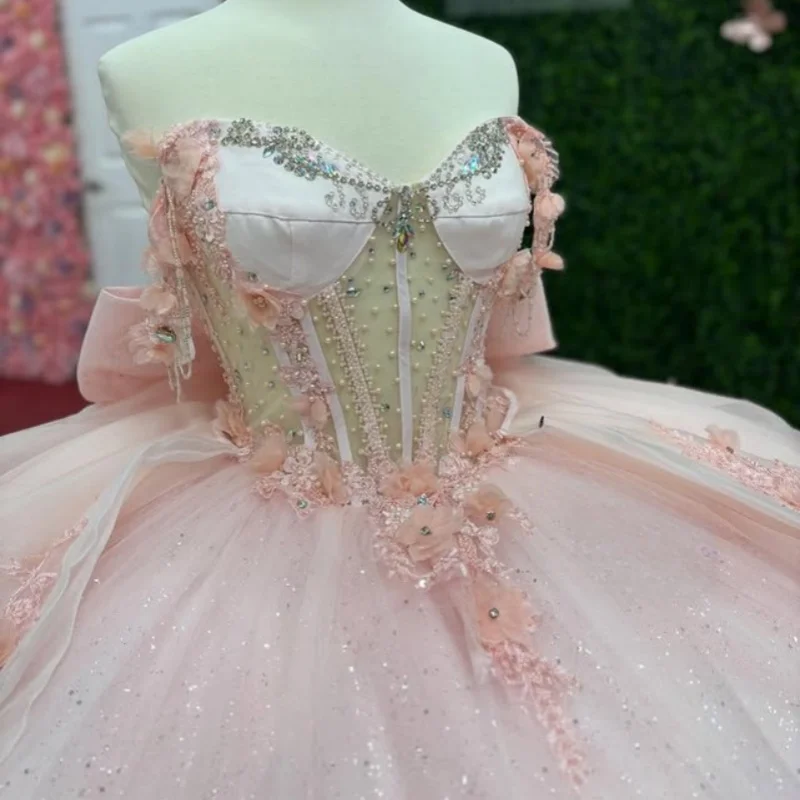 

Shiny light pink Quinceanera Dress glitter crystal 3D flower Decal Long tail Bow pearl Vestidos De 15 Quinceanera ﻿Customize