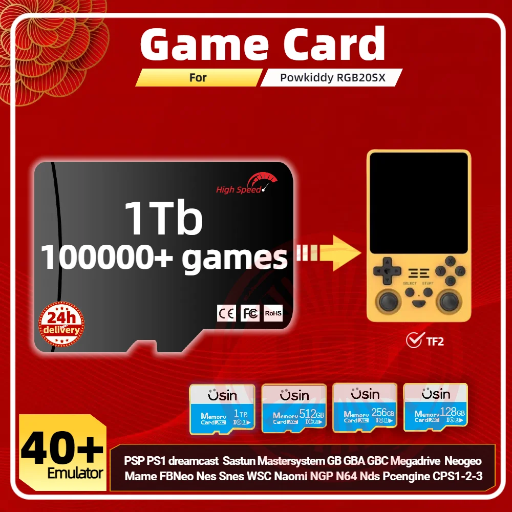 Tarjeta de juego para Powkiddy RGB20SX, Memoria TF Plug & Play, juegos Retro preinstalados, PSP, PS1, SD, tarjeta portátil de alta velocidad, 1Tb, 512G