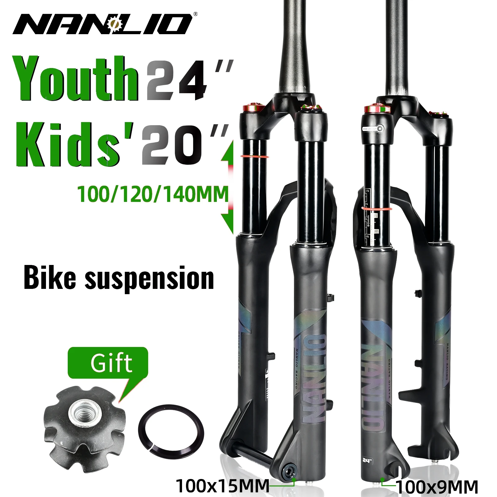 Nanlio Youth Mountain Bike Shock Bicycle Suspension Forks 20 or 24 Inch 100 120 140mm Shoulder Lock Oil and Gas Fork 100x9/15MM