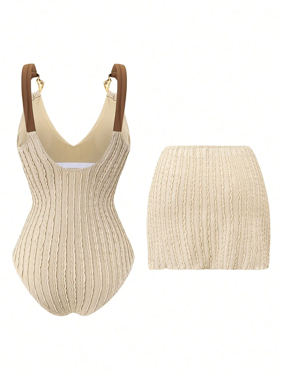 With Skirt Ribbed V neck Female Swimwear One Piece Swimsuit Women High Cut Leg Monokini Metal Chains Bathing Suit Swim Beachwear