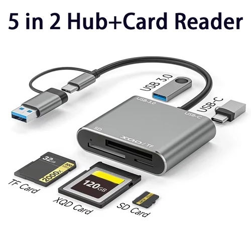 Imagen 1 del producto Lector de tarjetas de memoria USB 3,0 5 en 1, USB-C a tarjeta TF/SD/XQD, adaptador de lector de alta velocidad Hub para Iphone 15 Pro/Max Pro/Air 2023-A77P