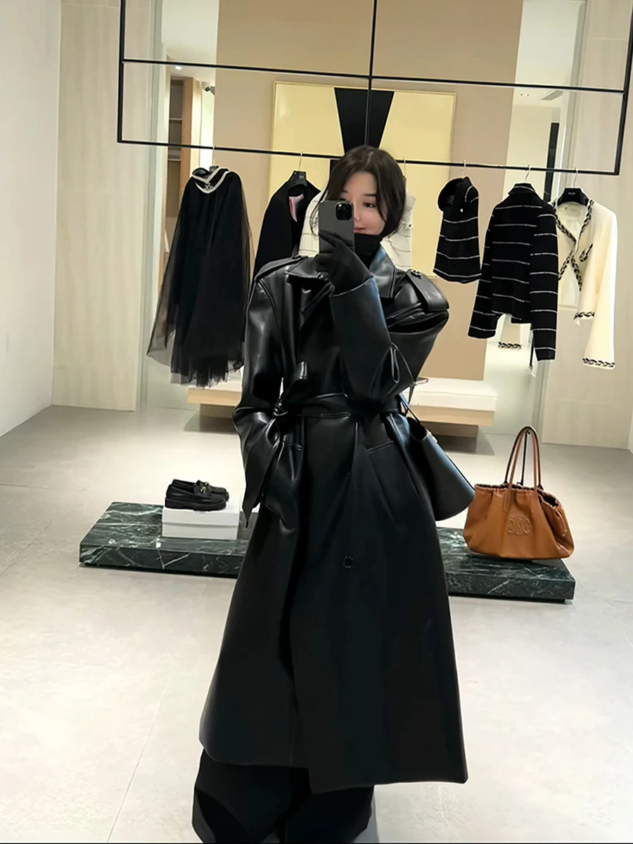 Bla – manteau en cuir mi-long pour femme, jupe cintrée à la taille, nouveau costume personnel robuste, automne
