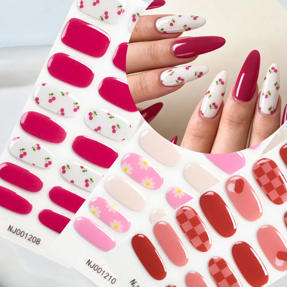16Tips Cherry & Daisy Print Semi Cured Nail Wraps Pink Red Cherry & Checkerboard Gel Nail Stickers Self Adhesive Gel Nail Strips