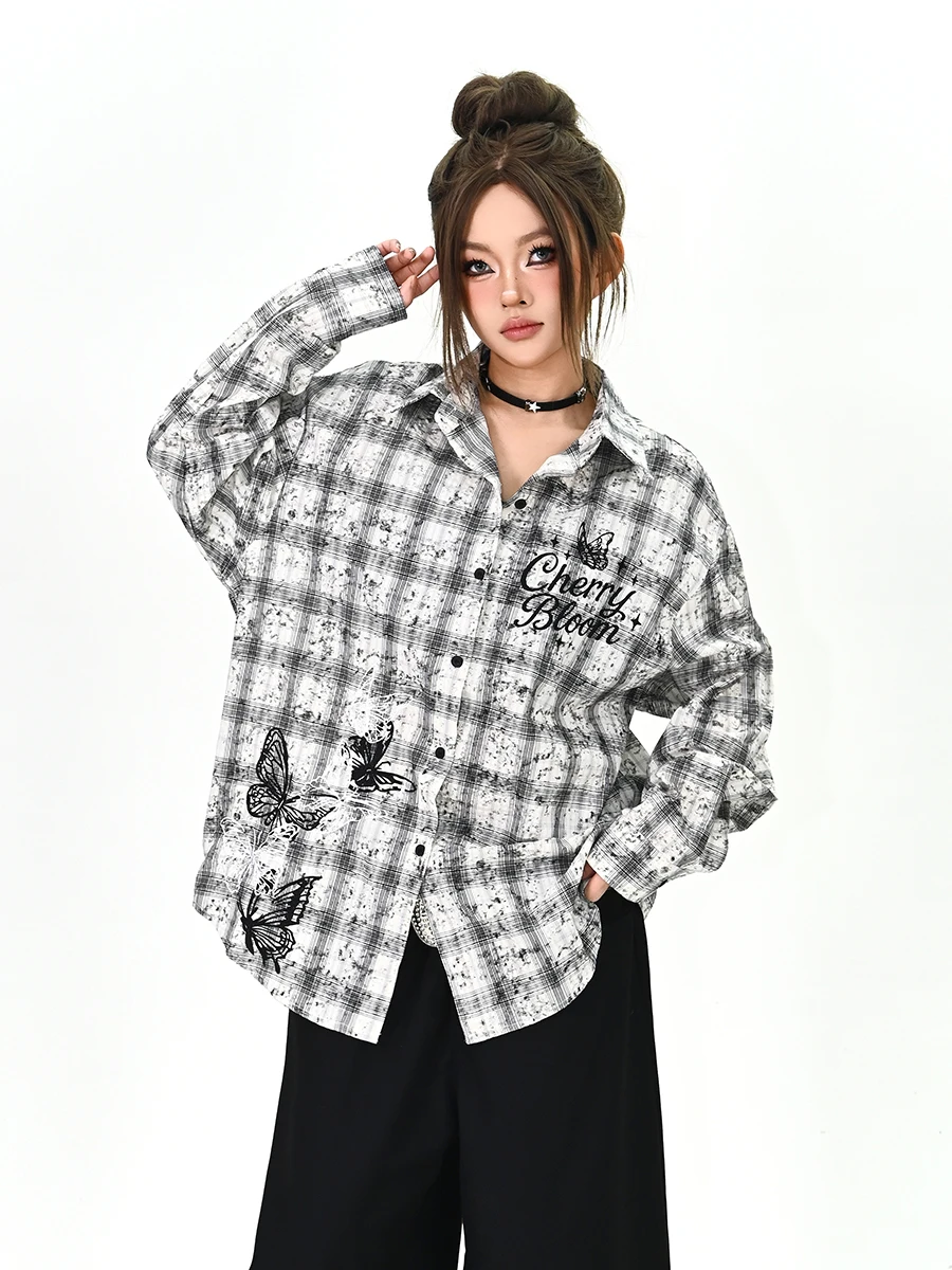 

Свободная клетчатая рубашка с длинным рукавом для женщин, весна 2026, новинка, в американском непринужденном уличном стиле, топ от бренда PMFIVEE