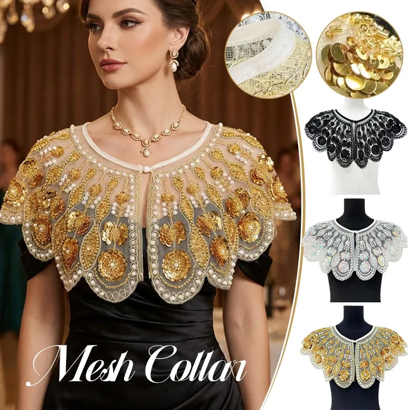 女性取り外し可能な偽襟メッシュネイルビーズドレスショール偽襟イブニングラップショートアウター女性パーティーアクセサリー