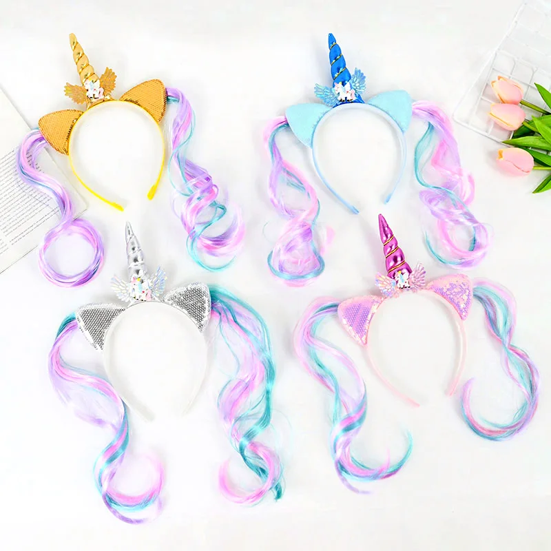 Girls Unicorn Wig Cute Hairband Children Unicorn Headband Rainbow Wings For Kids Photo Props Birthday Party Hair Accessories