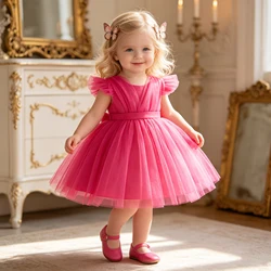 Toddler Bow Girls Party Dress Halloween Prom Gown Girl Fly Sleeves 1st Birthday Wedding Princess Dresses Kids Clothing 1-4 Years