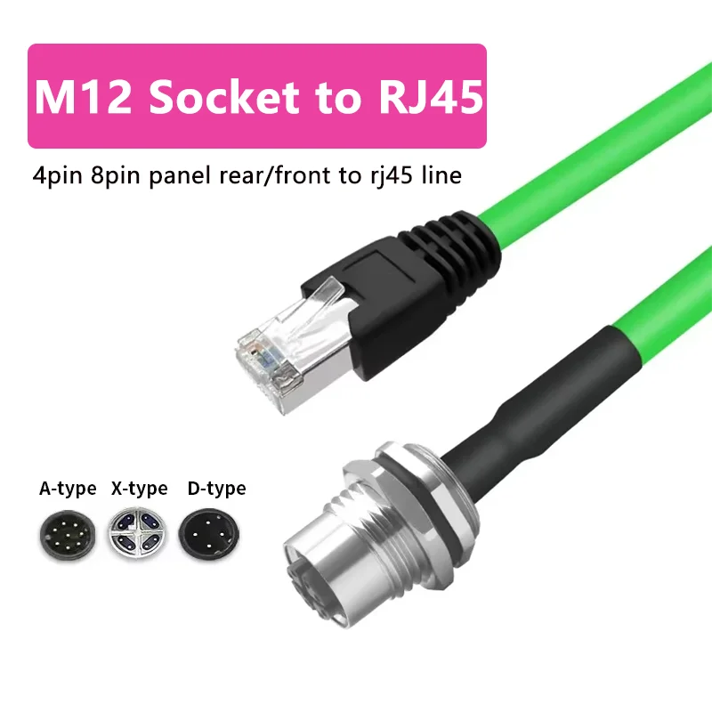 M12 8pin X-type Panel Socket to RJ45 Network Cable 4/8Pin A/D/X-code Aviation Plug Industrial Panel Rear/Front Connector Line