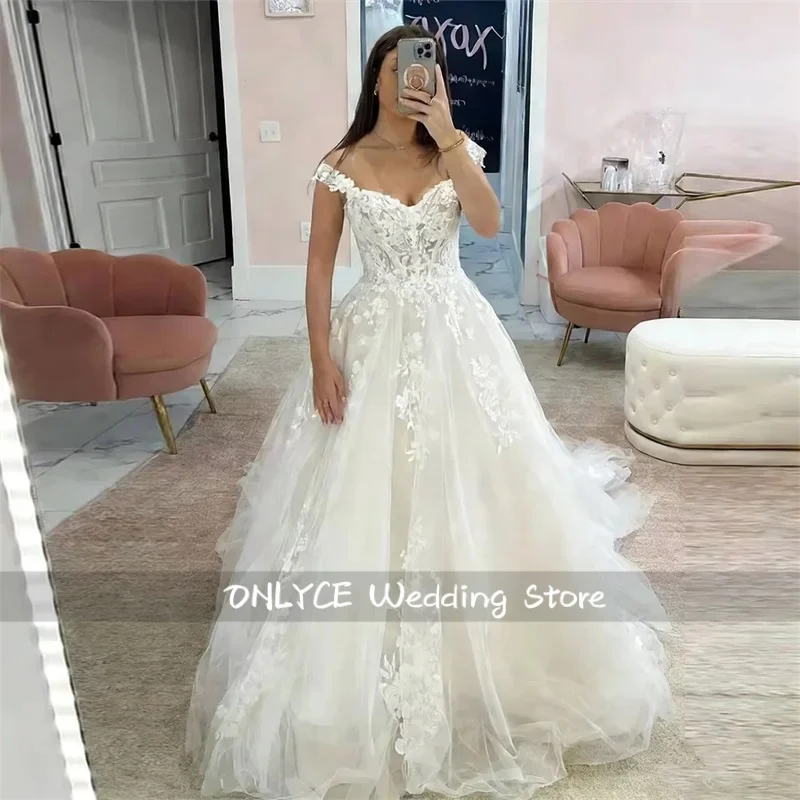 Customized Womens Vintage Lace Applique Wedding Dresses For Bride Off the Shoulder Bridal Gowns Backless A-line Robe De Mariée