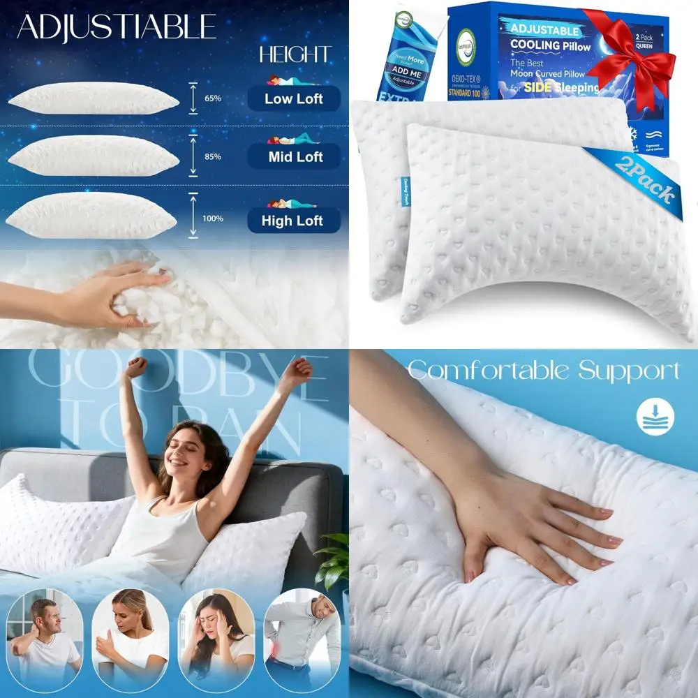 

Ergonomic Curved Memory Foam Pillows - Adjustable, Dual-Sided Cooling, Queen Size 2-Pack for Side Sleepers