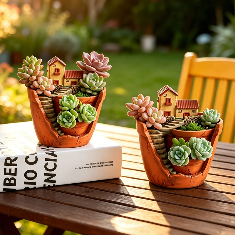 3D Mini Village House Resin Flower Pot Multi Tier Succulent Planter for Desk Balcony Patio Indoor Greenery Table Decor Ornament