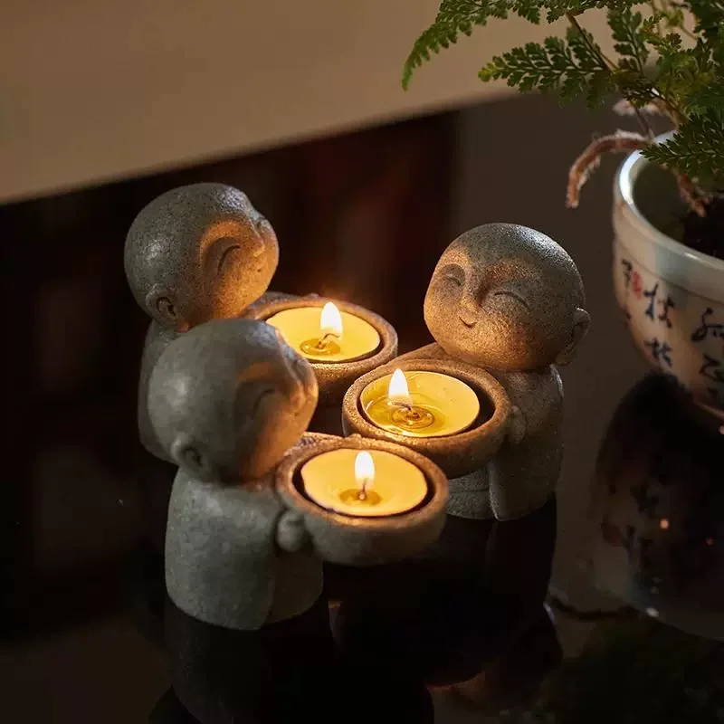 Retro New‑Chinese Zen Cute Little Monk Tea Table Ornament, Mini Candle Holder Incense Burner Lamp Base