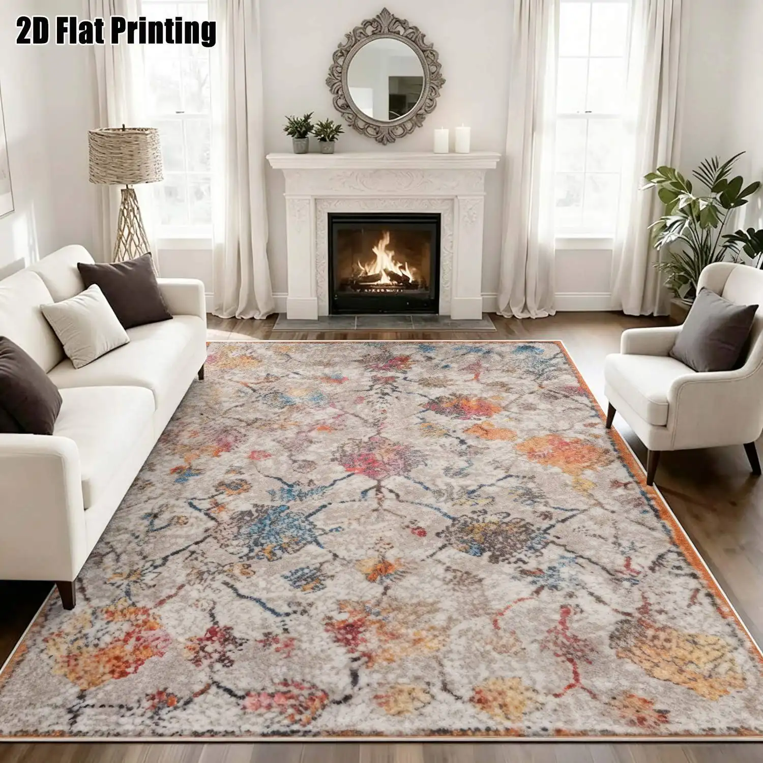 1Pc 2D Printed Velvet Retro Floral Carpet, European/Bohemian/Geometric Styles, Machine Washable, Multi-Size, for Home Decor, Entrance/Dining/Foyer/Bedroom/Living Room
