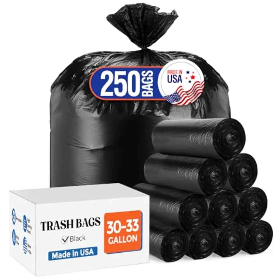 

30-33 Gallon Trash Bags, 250 Count Medium Duty Garbage Bags, Thick, Durable and Puncture-Resistant Plastic Bolsas para basura,