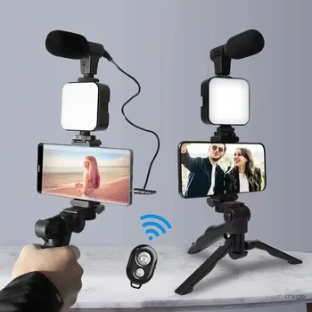 Tripod telefon tutucu Mini mikrofon ile Smartphone Vlogging kiti TikTok canlı akışı Video YouTube için dolgu ışığı marş açtı