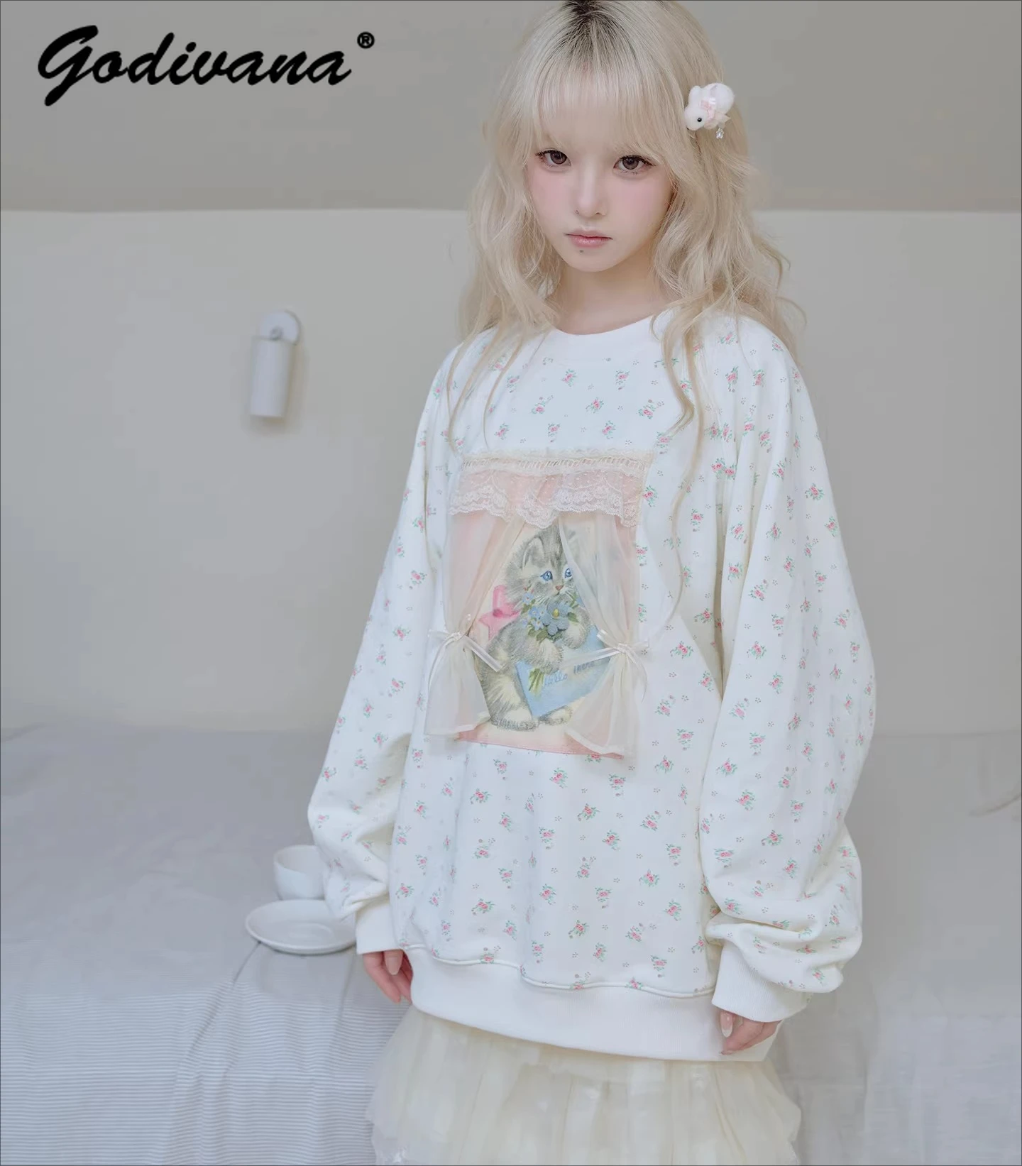 New Spring and Autumn Girl Women's Vintage Floral Cat Print Lace Trim Curtain Sweatshirt Lazy Style Loose Pullover Hoodie Tops