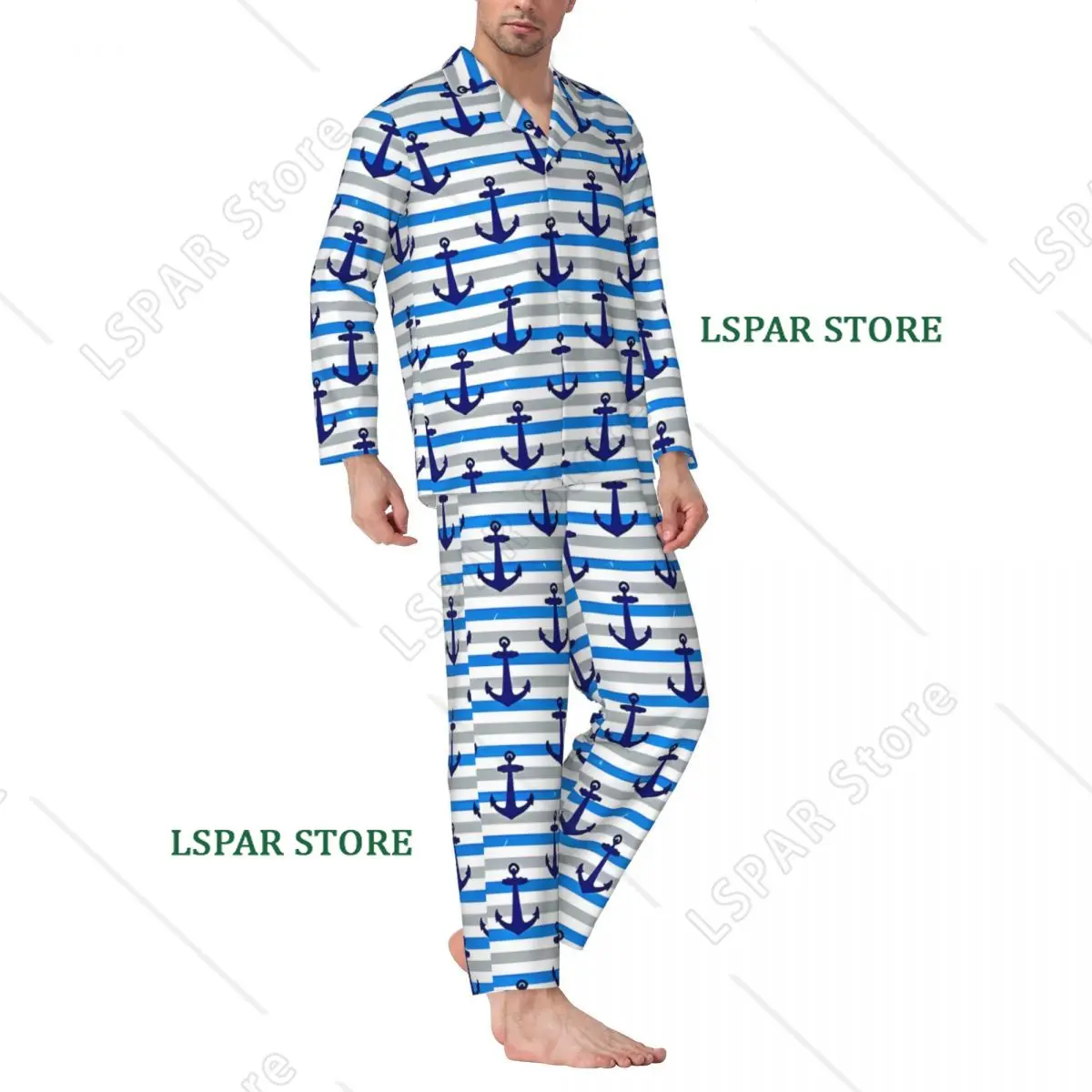 Nautical Anchor With Blue Stripes Pajamas Male Warm Daily Sleepwear Autumn 2 Pieces Casual Oversized Custom Pajama Set