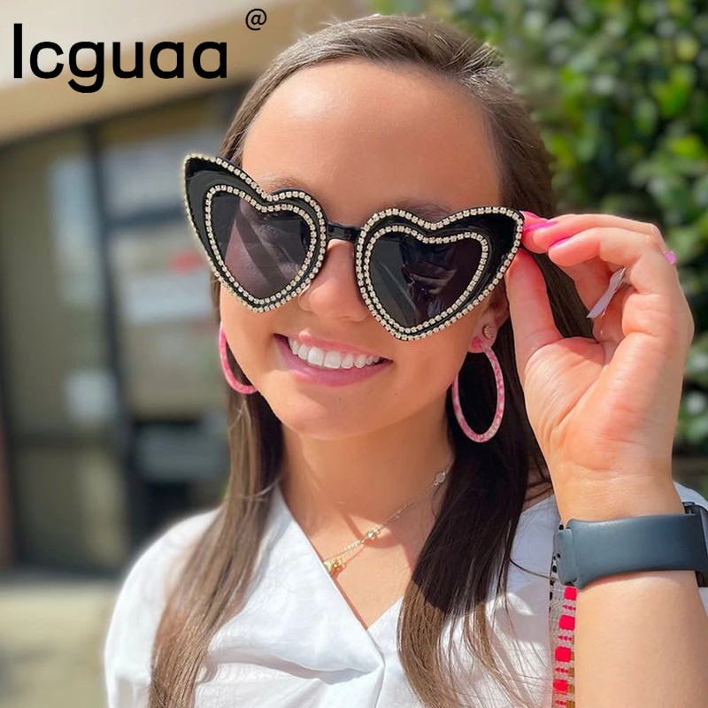 ICGUAA Brand Designer Heart Bling Sun Glasses Men Feminino New Crystal Trendy Heart Diamond Luxury Sunglasses 2022