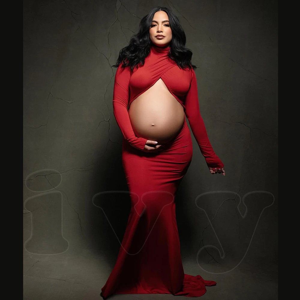 Elegant Maternity Photoshoot Dress Hollow Elastic Fabric Red Dress Pregnancy Photography Dresses For Pregnant Women Baby Shower