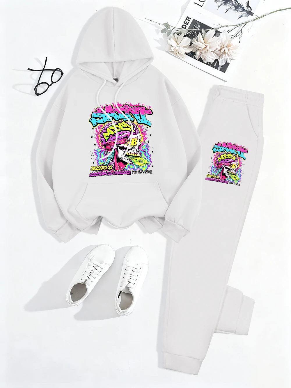 2 Piece Hoodies Set Womens Saint Money Skull Printed Sweatpantswinter Pocket Loose Pants Sweatshirt Sporty Fleece Warm Clothes