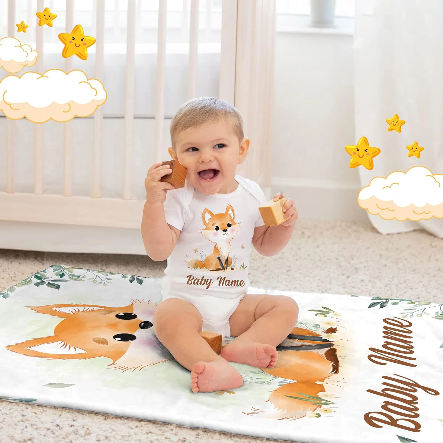 Personalized custom blanket, elephant fluffy flannel blanket with boy's name printed on it, the best gift for children