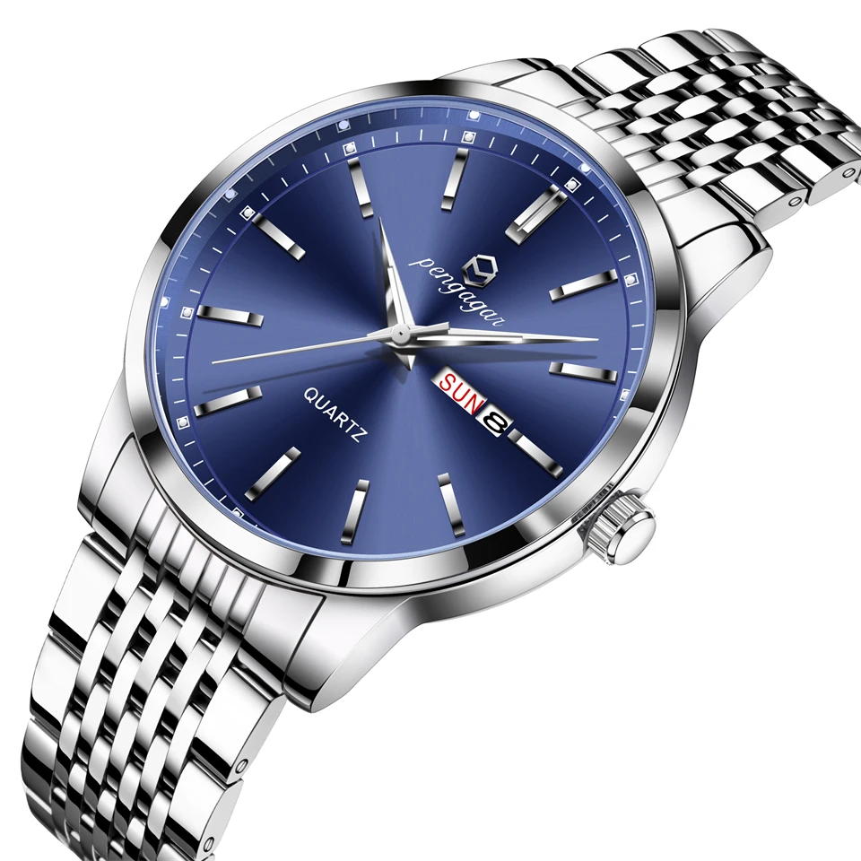 

PENGAGAR Business Man Wristwatch Waterproof Luminous Date Week Men Clock Stainless Steel Fashion Quartz Men's Watches Male Reloj