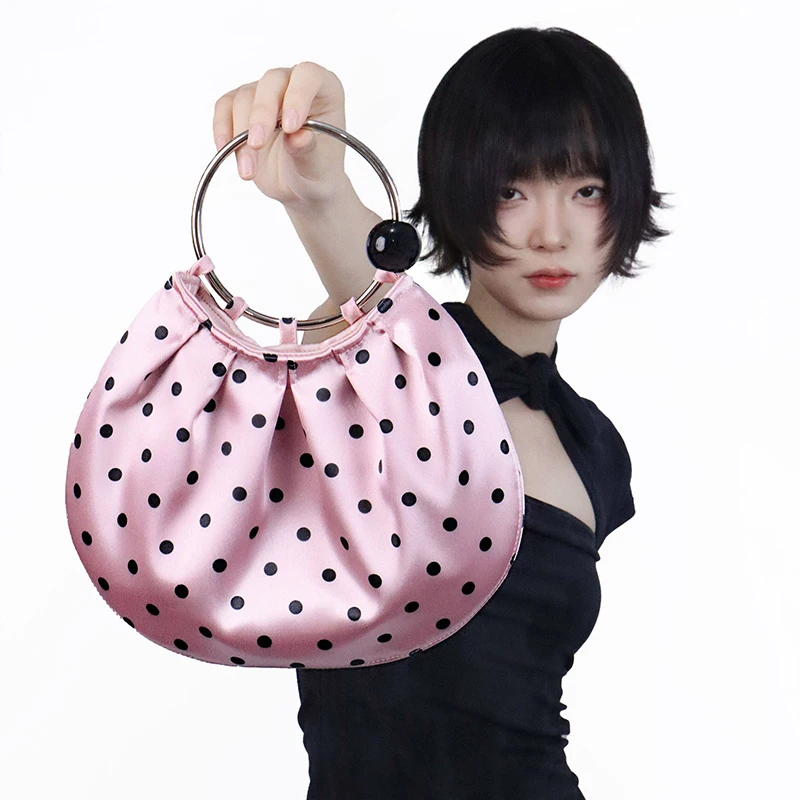 Polka Dot Tote Bag Vintage Retro Wrinkled Design Handbag Women Shoulder Bag Casual Daily Purse Fashion Trendy Lady Top Handle