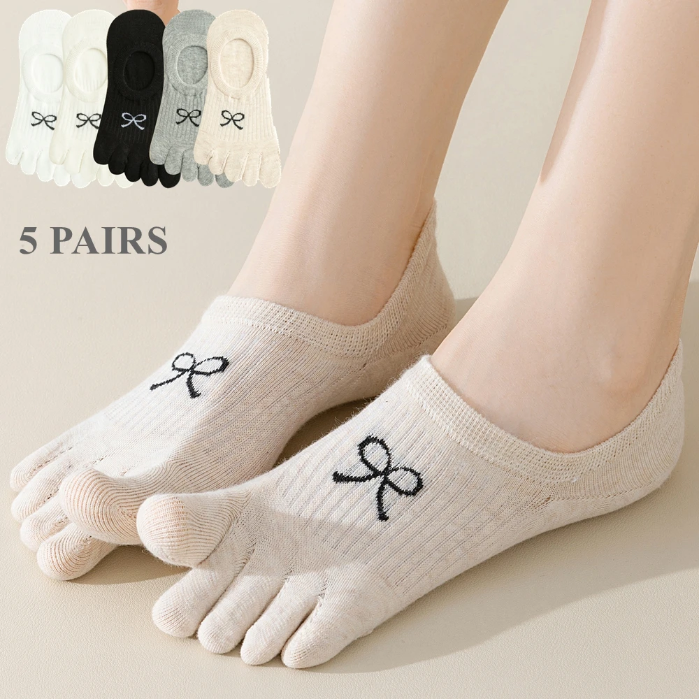 

5 пар летних носков, женские хлопковые носки высокого качества, невидимые нескользящие носки с милым бантом, женские носки с пятью пальцами
