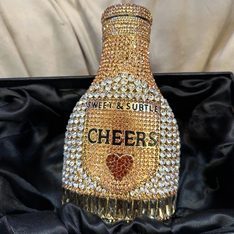 

Luxury High-end Clutch Bag New Fashionable Exquisite Shining Champagne Bottle Rhinestone Bow Crystal Chain Gift Clutch Party Bag