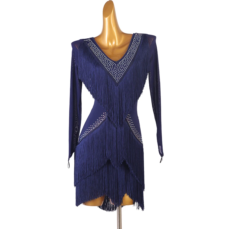 Slim V-neck Latin Dress With Tassel Style Performance Competition Suit Professional Denim Bullfighting Team Dance New Product