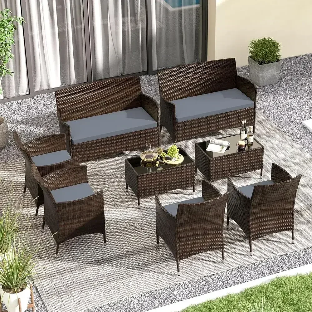 8-Piece Outdoor Wicker Patio Furniture Set with Tempered Glass Coffee Table and Thick Cushions for Backyard, Poolside, Porch (Gr