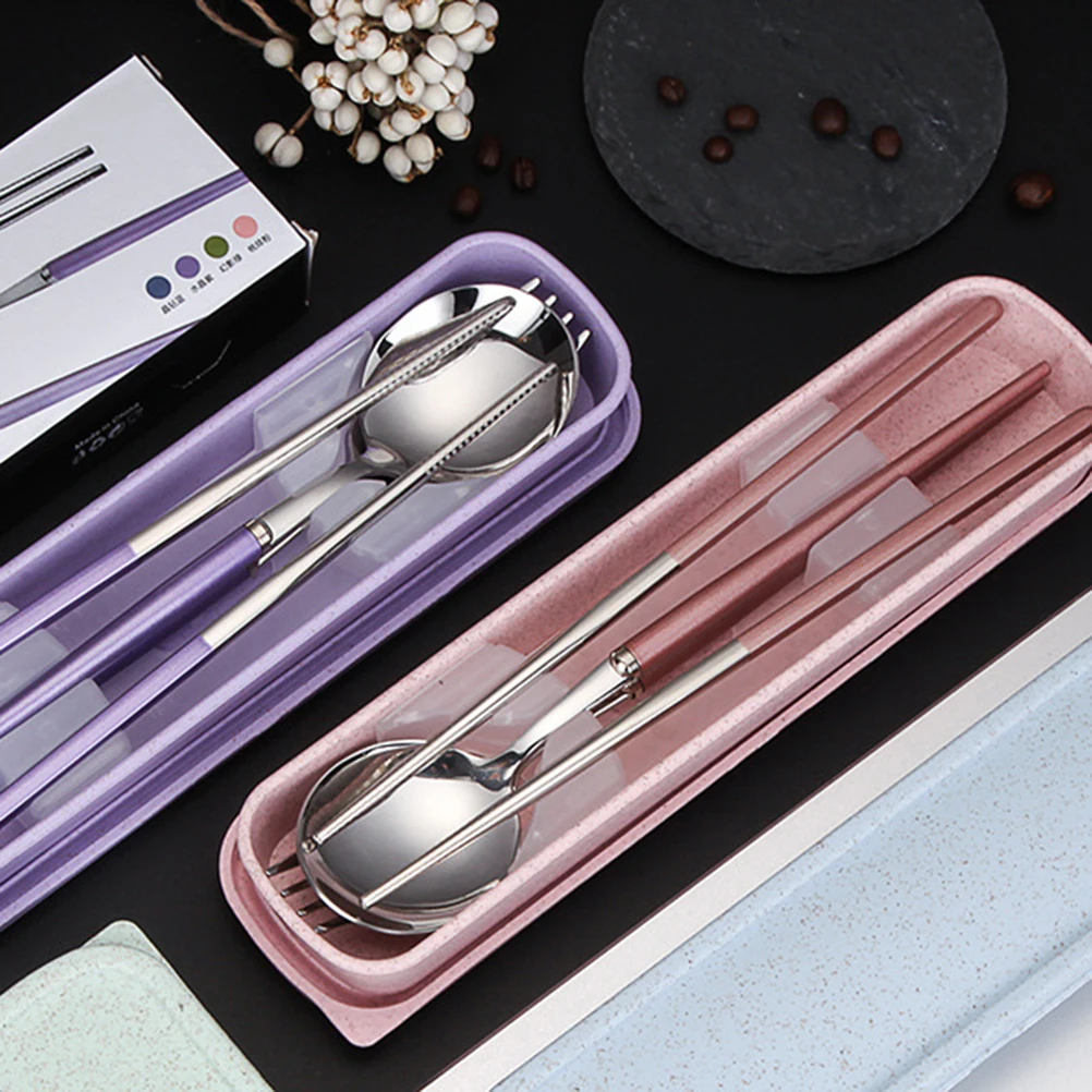 

3 Pcs Stainless Steel Cutlery Set Reusable Serving Utensils Camping Tableware Travel with Case Spoon