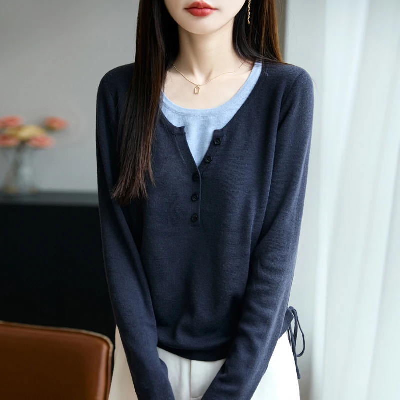 New Women fake two pieces Cashmere Sweater Knitted Hot Selling Soft drawstring Cashmere sweater Women Top